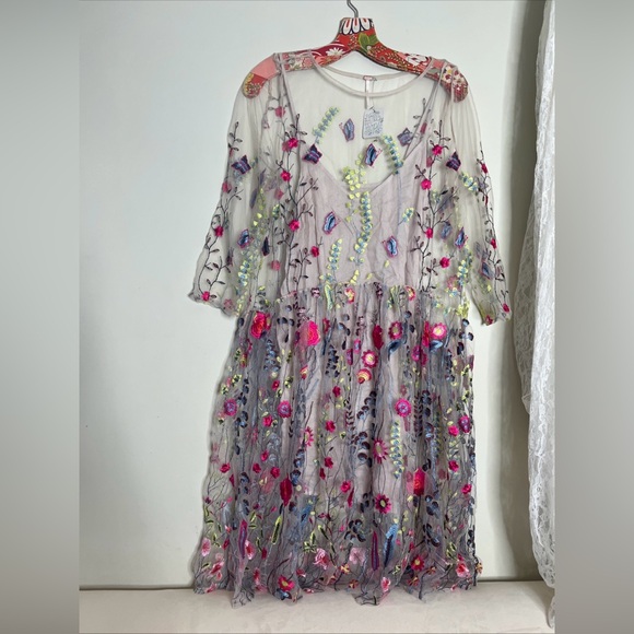 Free People Sheer Garden Colorful Tea Party Embroidered Mini Dress - Picture 3 of 6